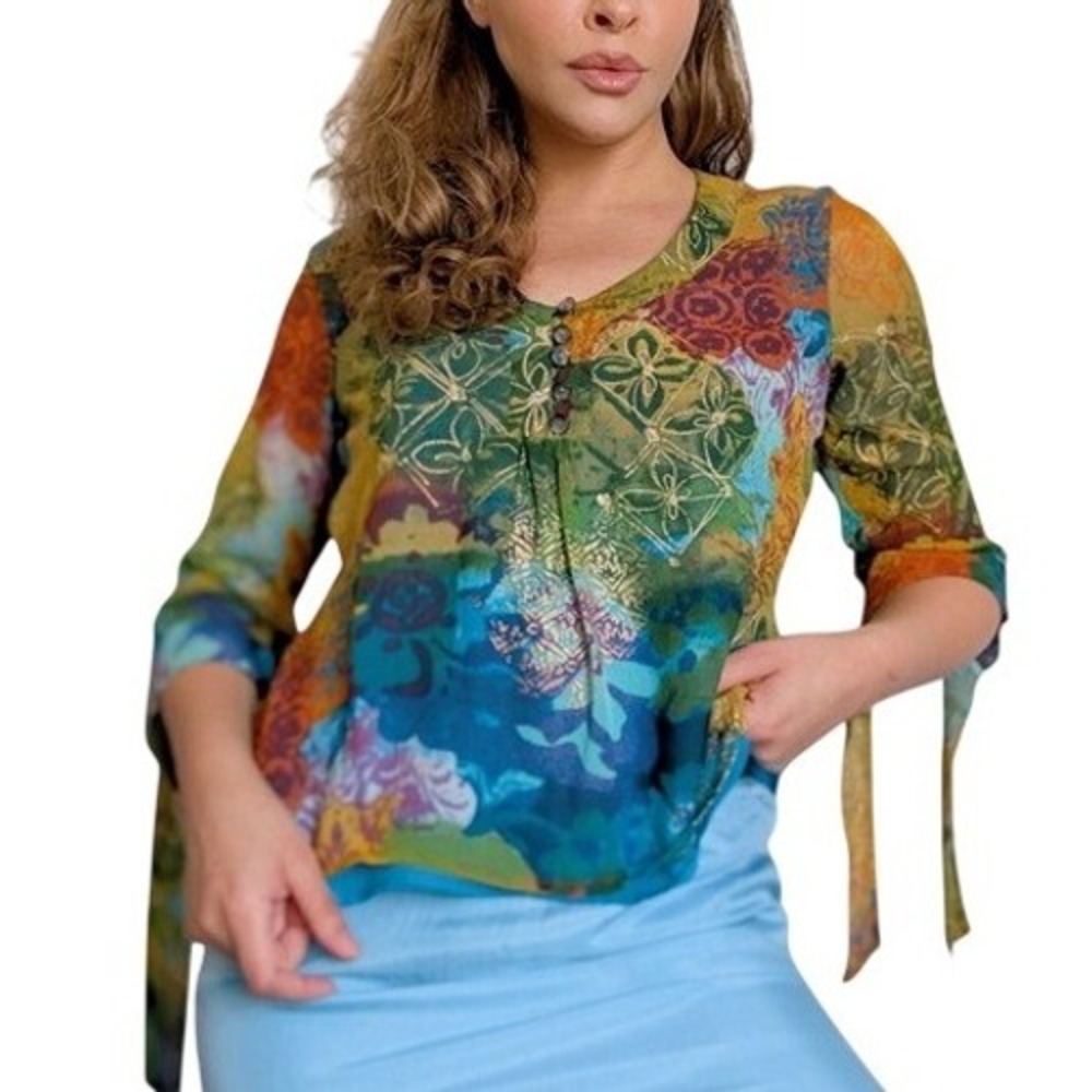 Vintage 90s Whimsy Mediterranean Summer Colorful Airy Floral 100% Silk Blouse